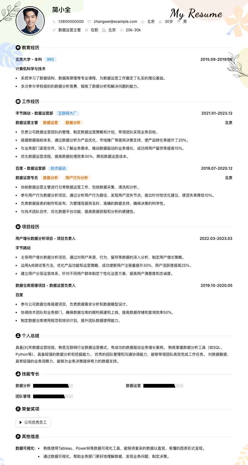 数据运营主管简历模板