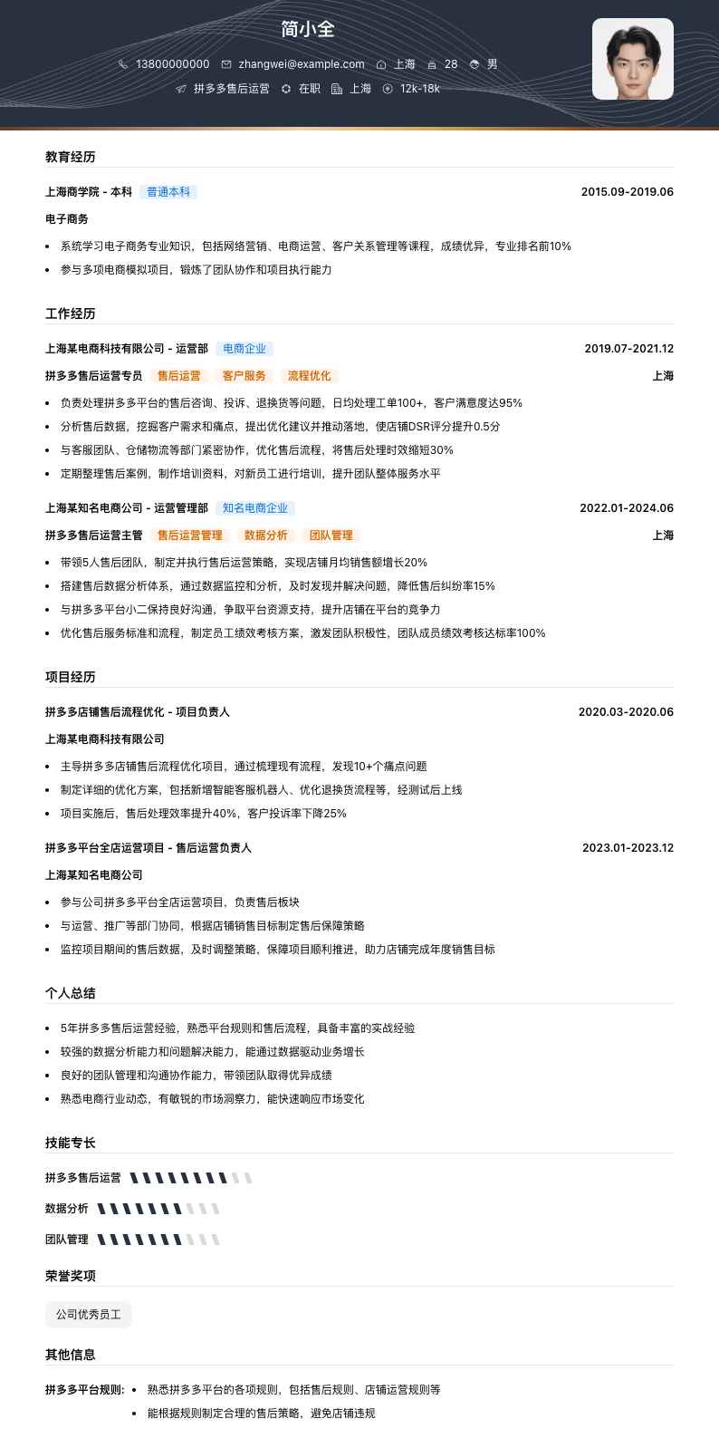 拼多多售后运营简历模板