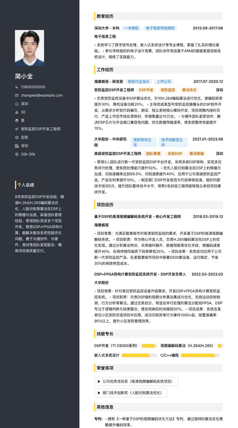 安防监控DSP开发工程师简历模板