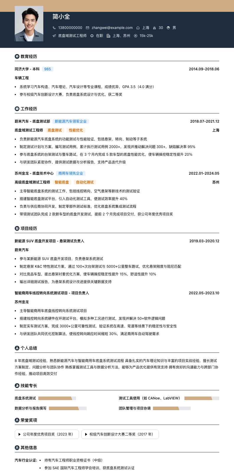 底盘域测试工程师简历模板