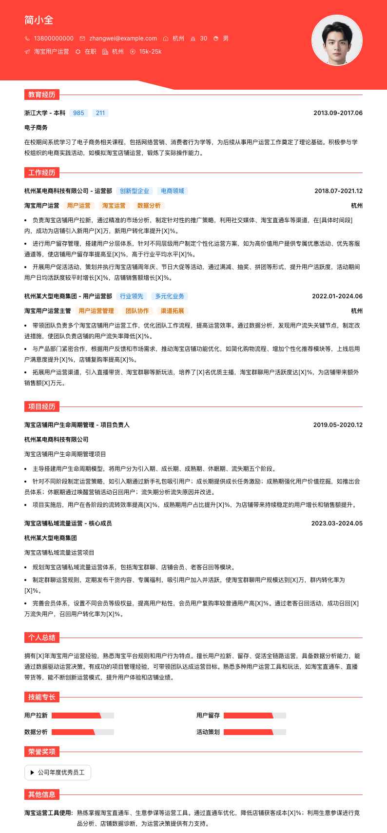 淘宝用户运营简历模板