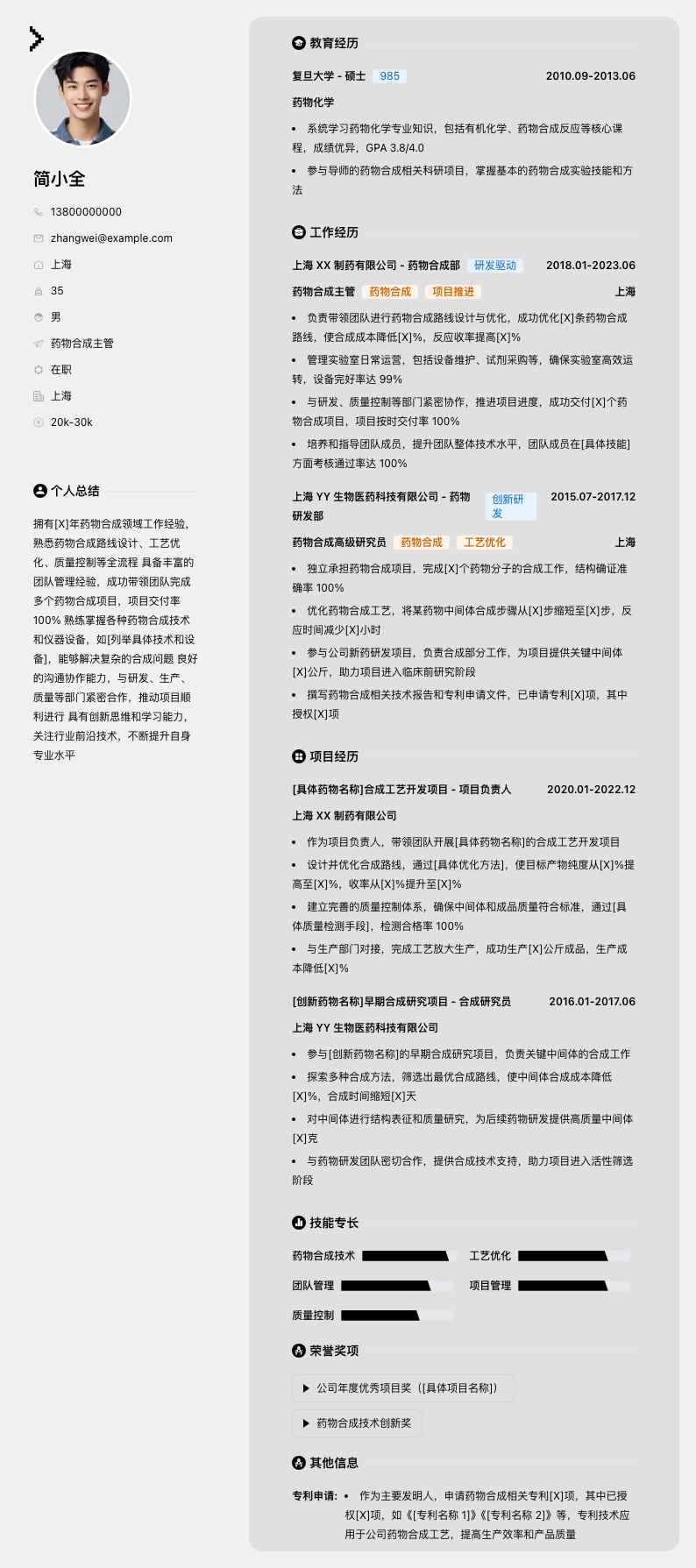 药物合成主管简历模板