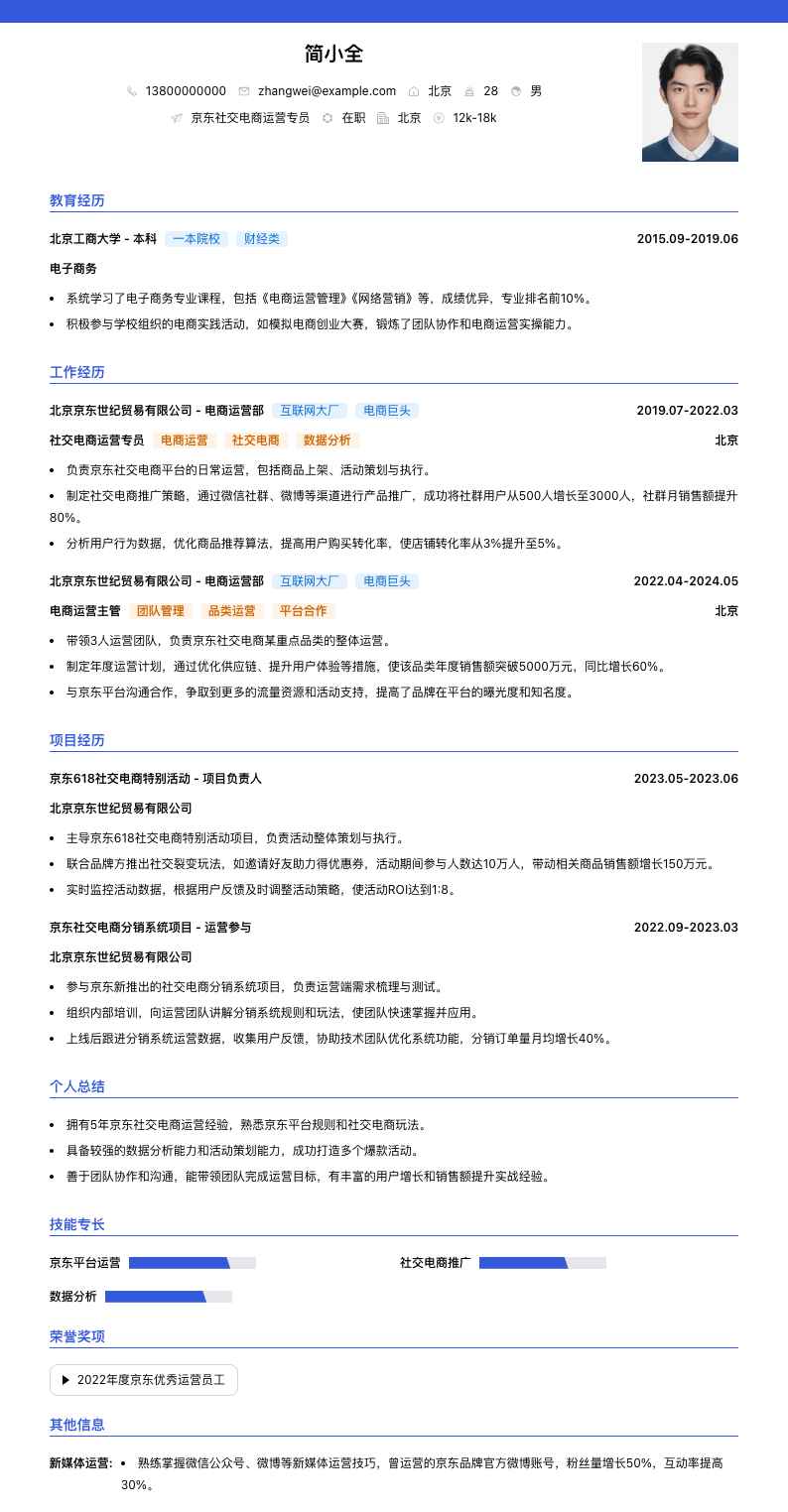 京东社交电商运营专员简历模板