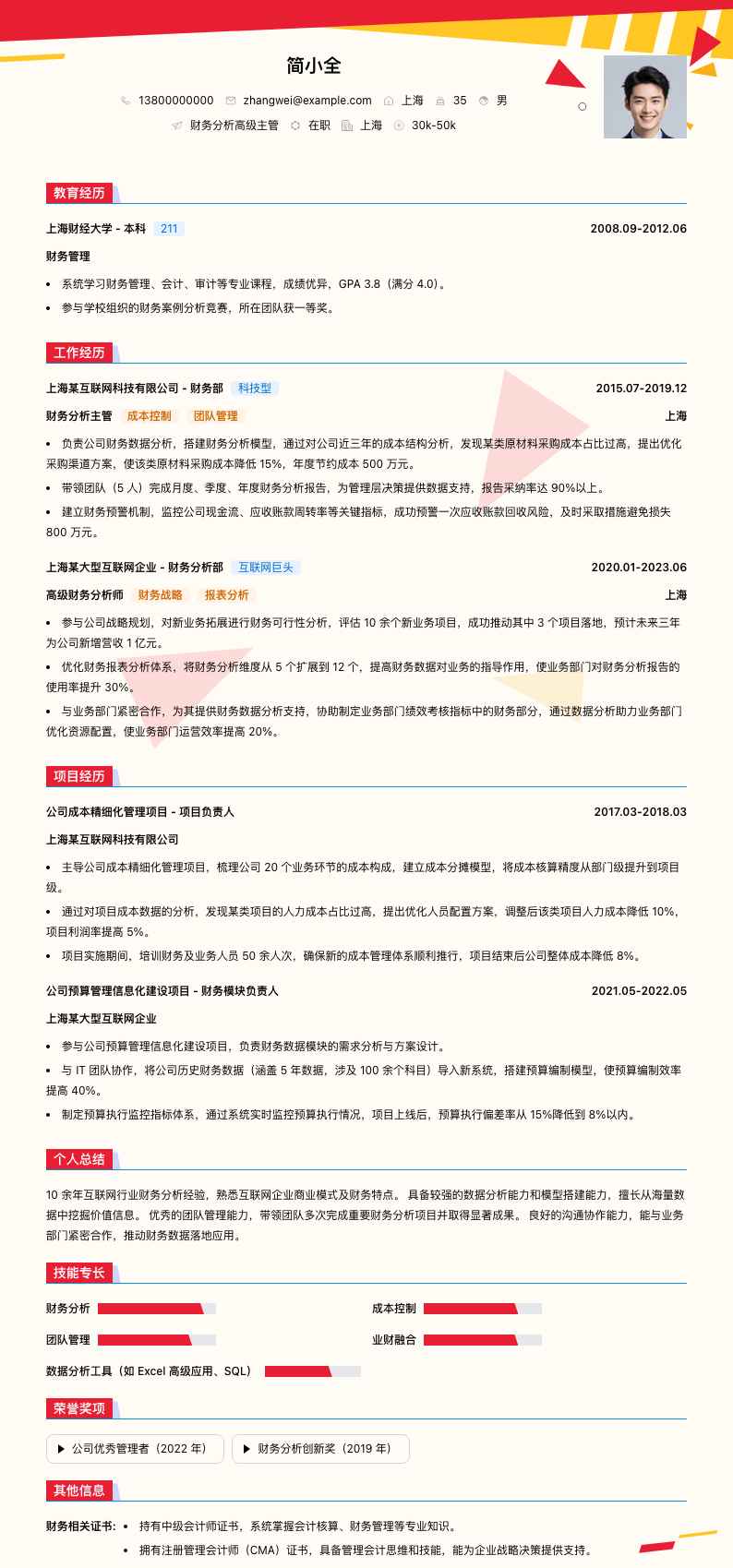 财务分析高级主管简历模板