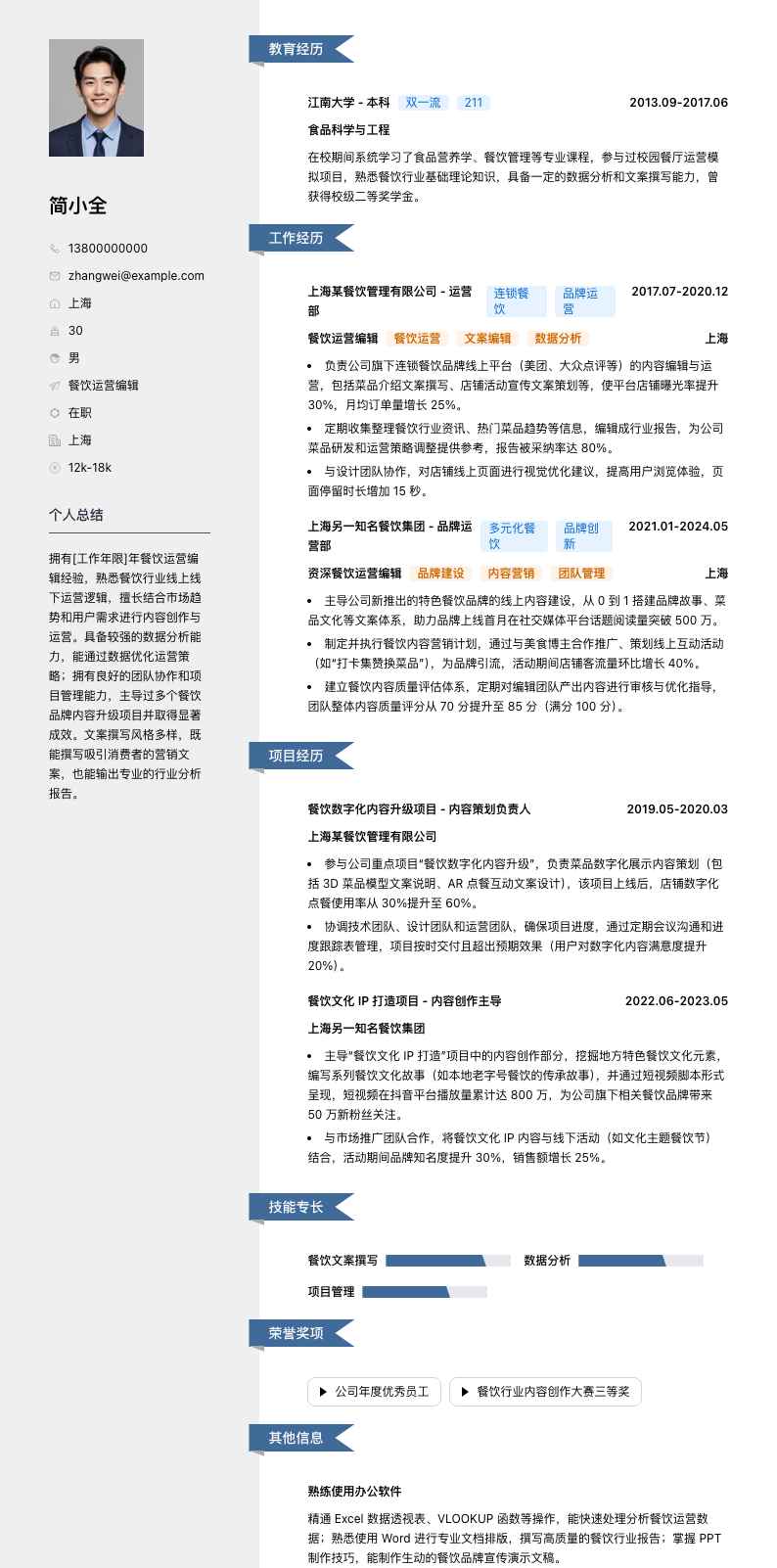 餐饮运营编辑简历模板