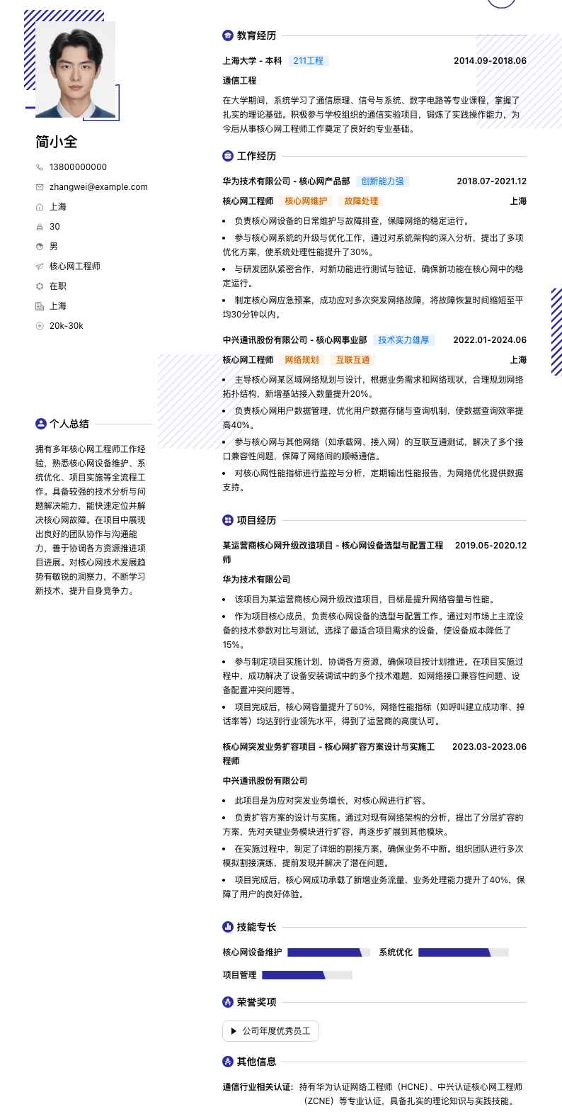 核心网工程师简历模板