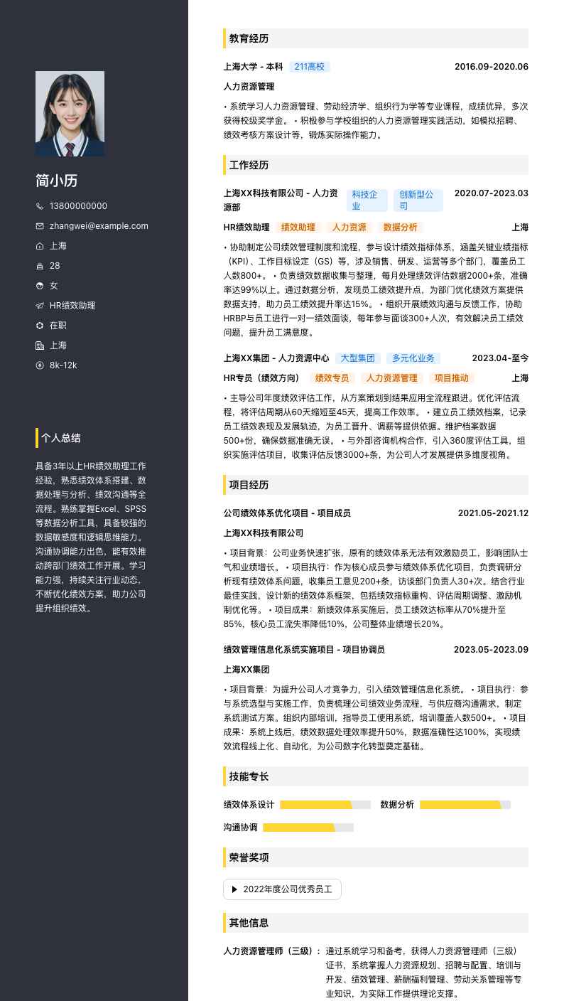 HR绩效助理简历模板