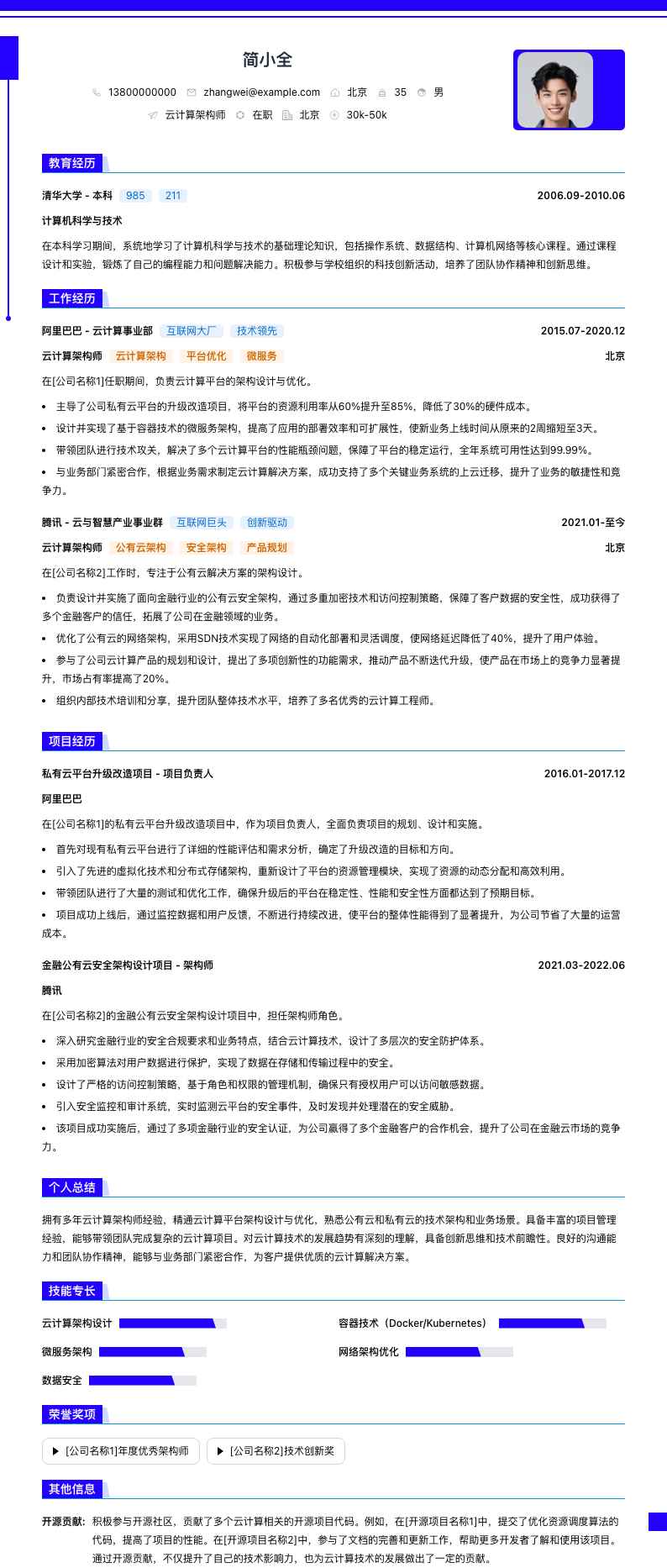 云计算架构师简历模板