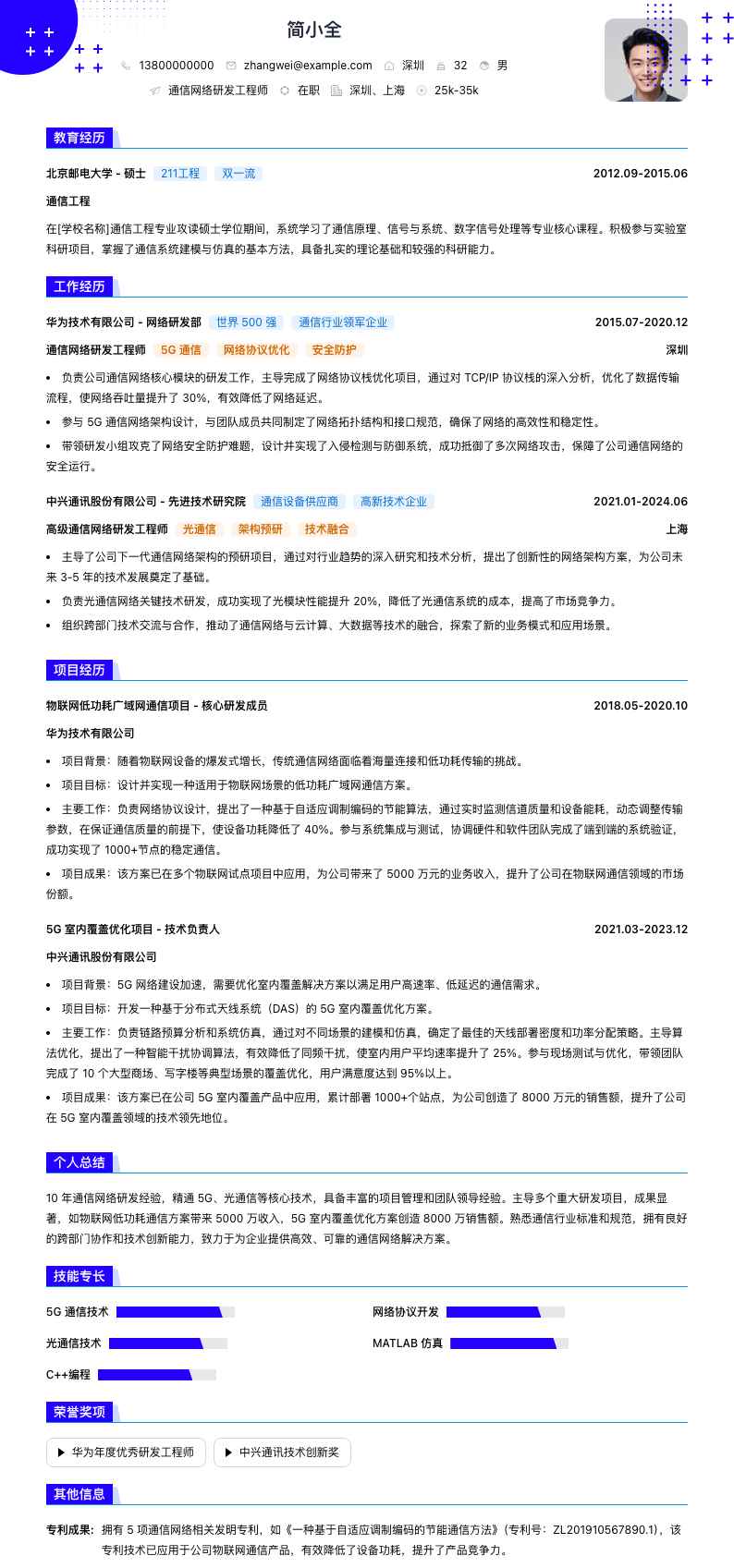 通信网络研发工程师简历模板