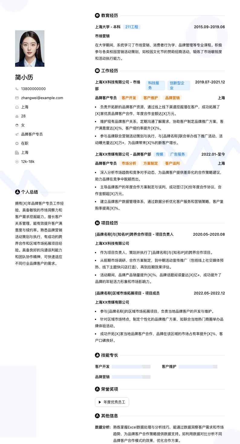 品牌客户专员简历模板
