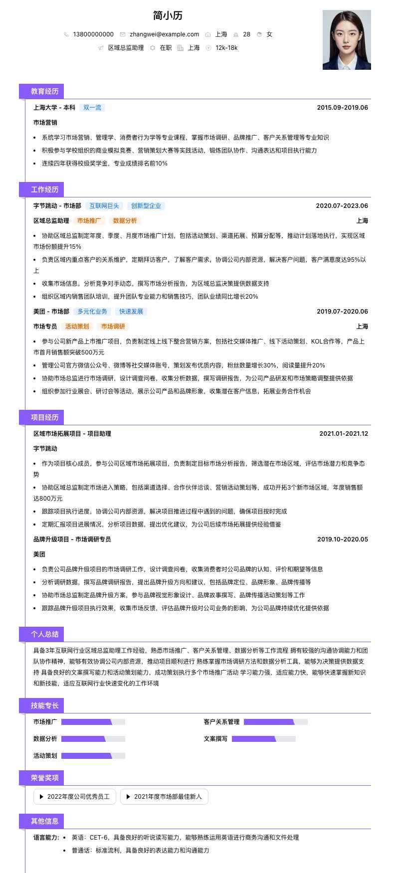 区域总监助理简历模板