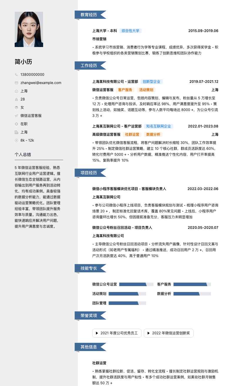 微信运营客服简历模板