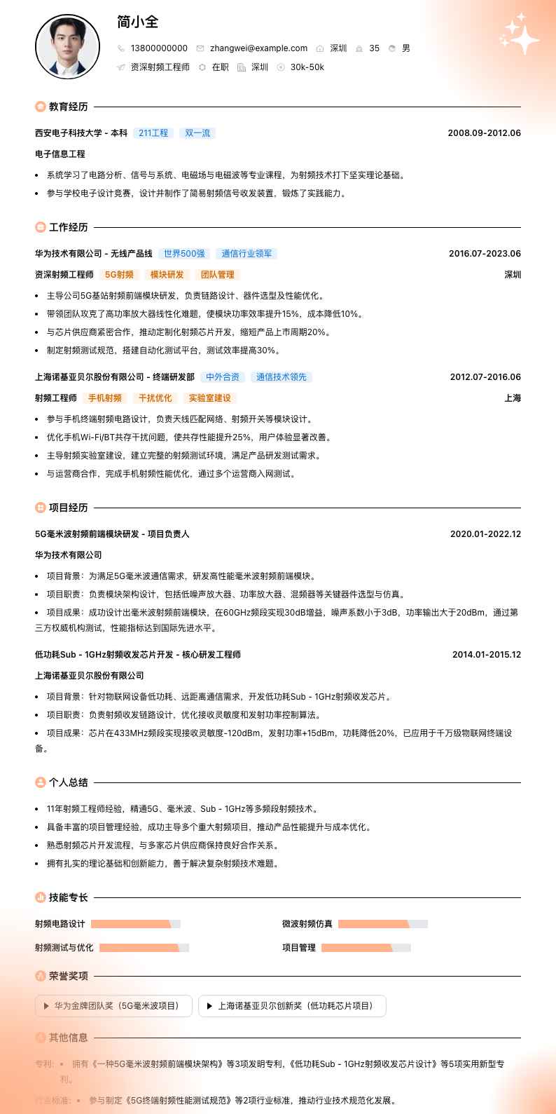 资深射频工程师简历模板