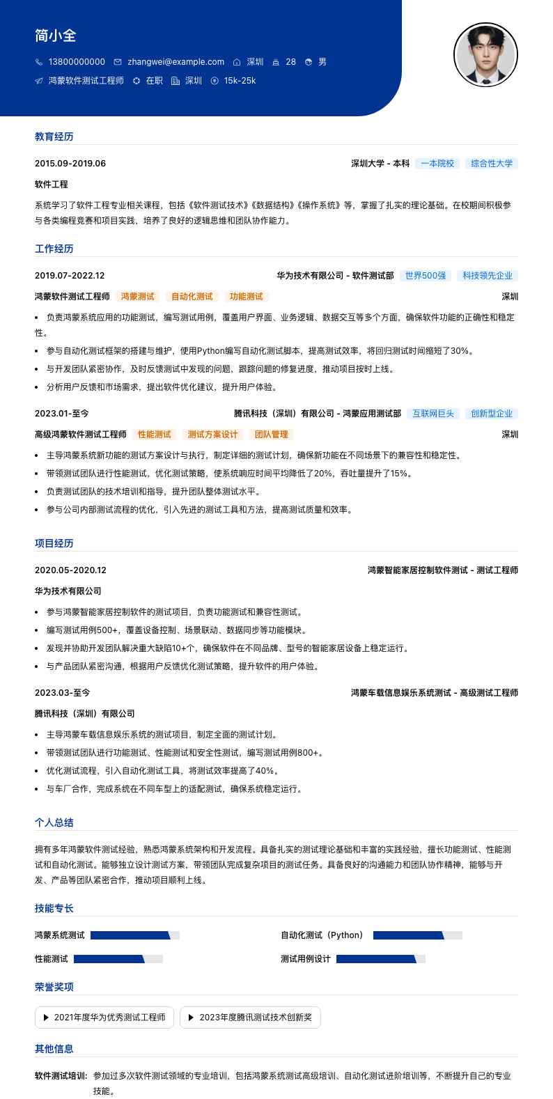 鸿蒙软件测试工程师简历模板