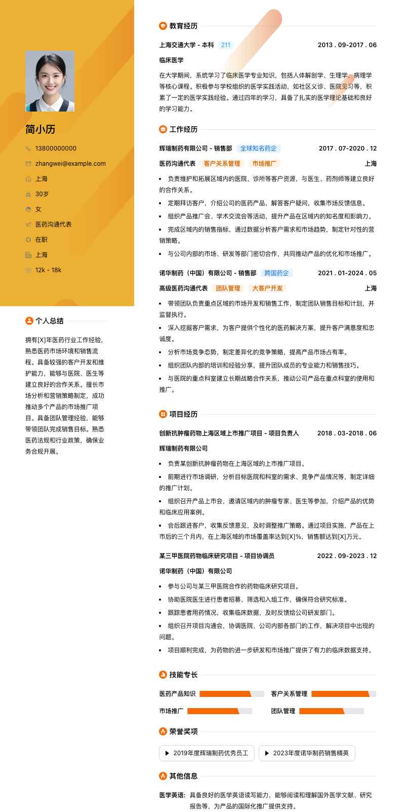 医药沟通代表简历模板