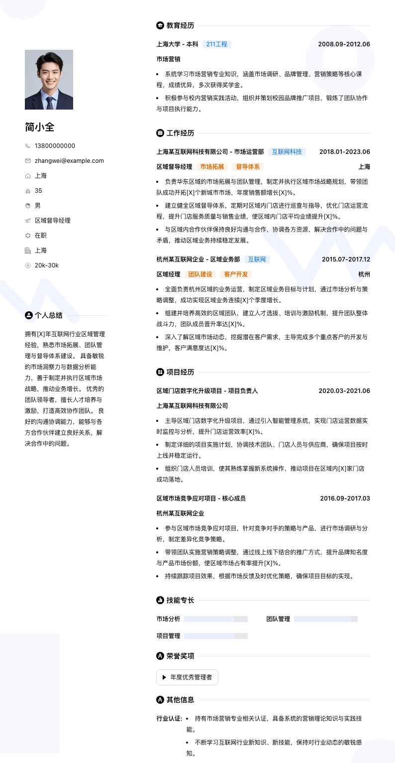 区域督导经理简历模板