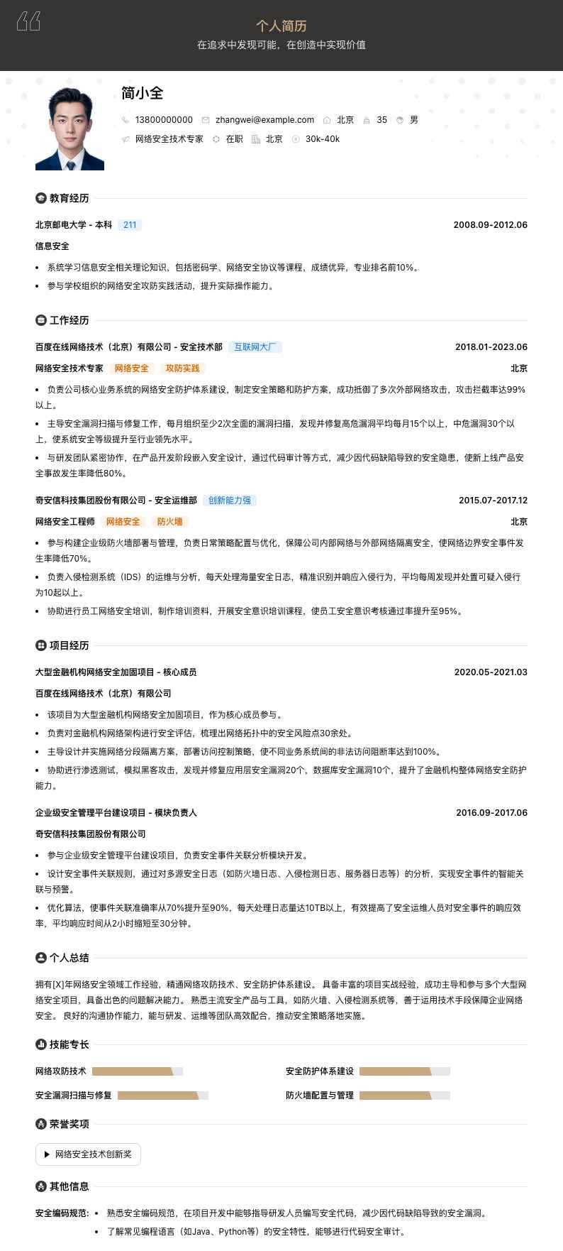网络安全技术专家简历模板
