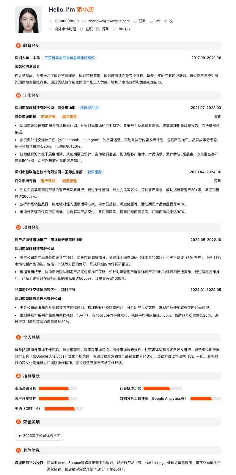 海外市场助理简历模板