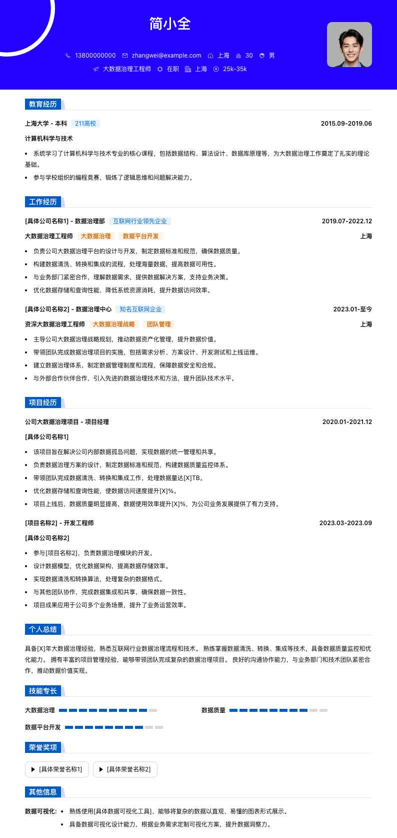 大数据治理工程师简历模板