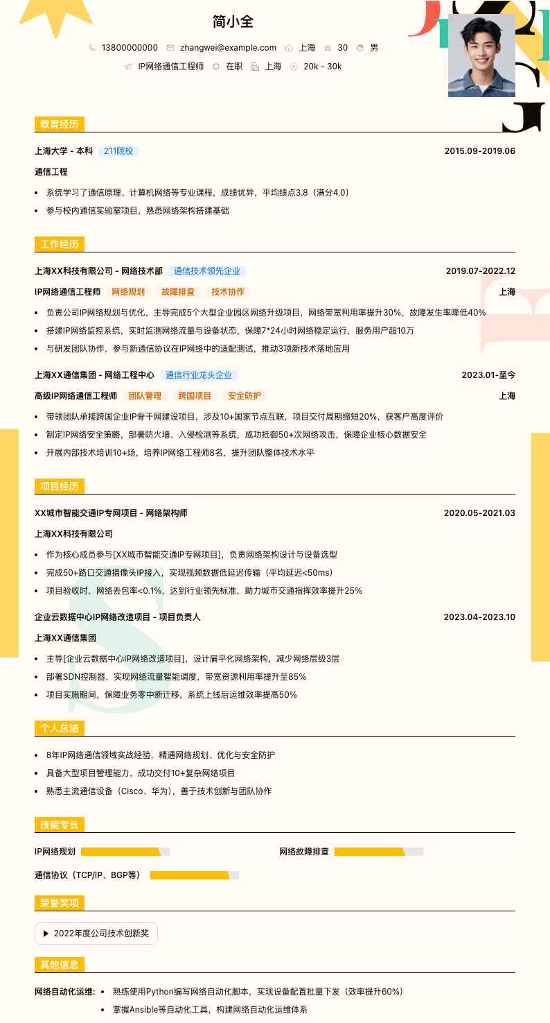 IP 网络通信工程师简历模板