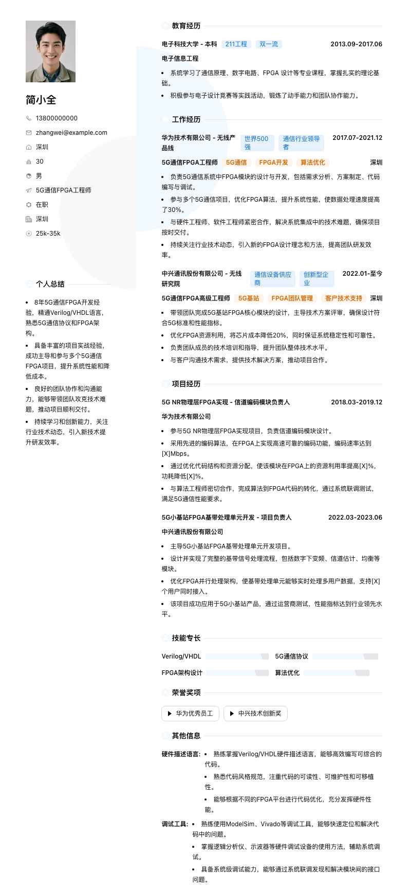 5G通信FPGA工程师简历模板