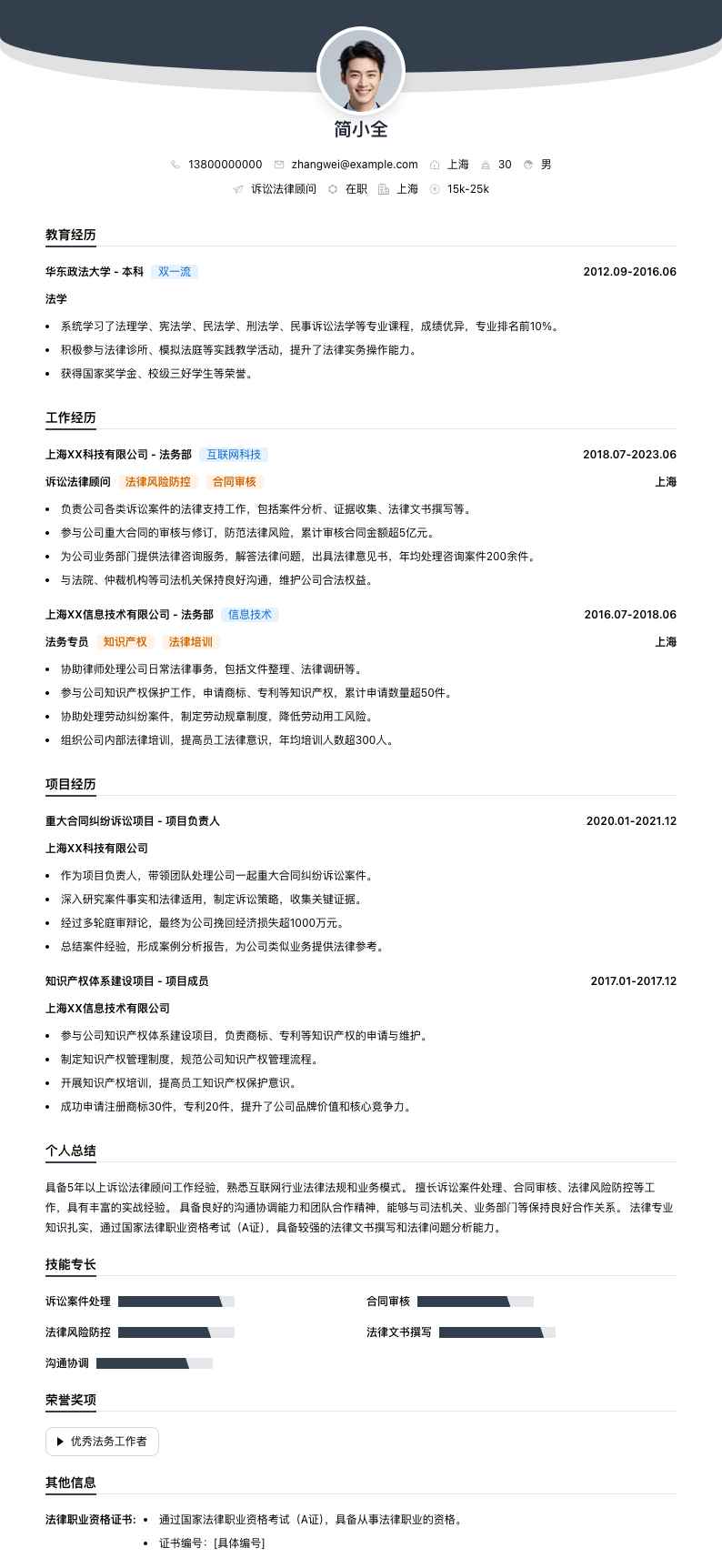 诉讼法律顾问简历模板