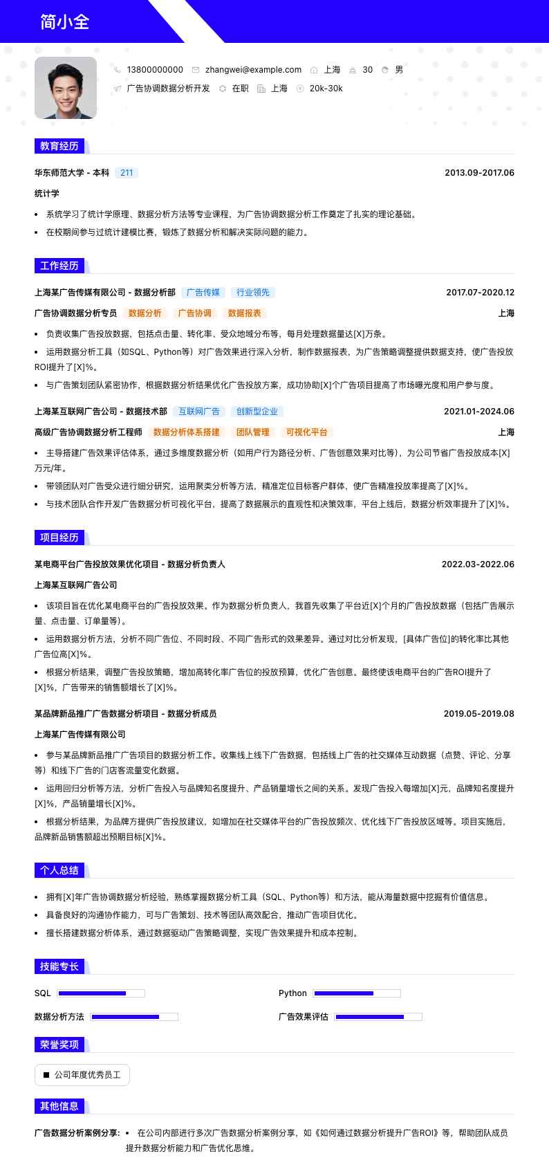 广告协调数据分析简历模板