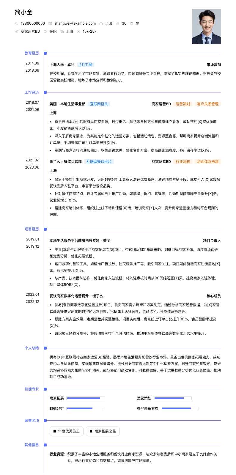 商家运营bd简历模板