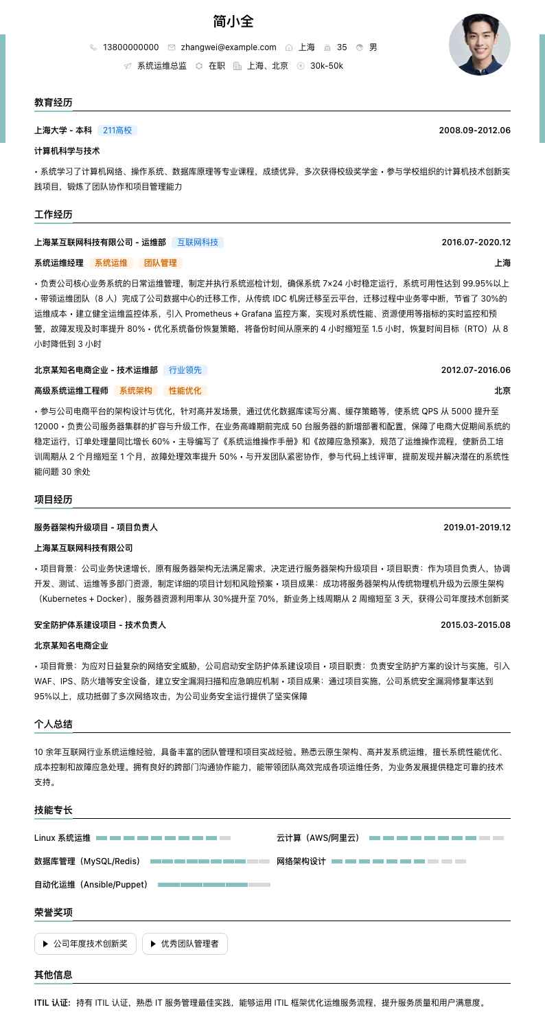 系统运维总监简历模板