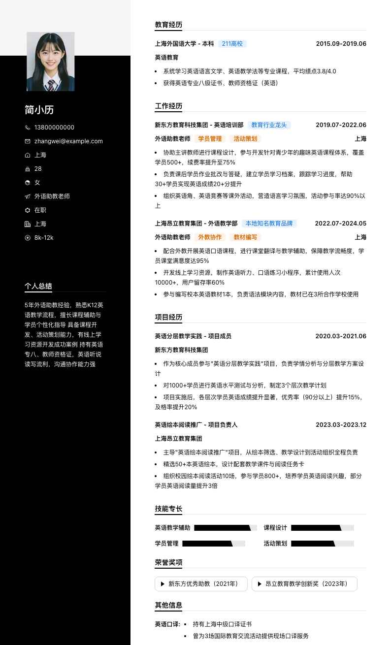 外语助教老师简历模板