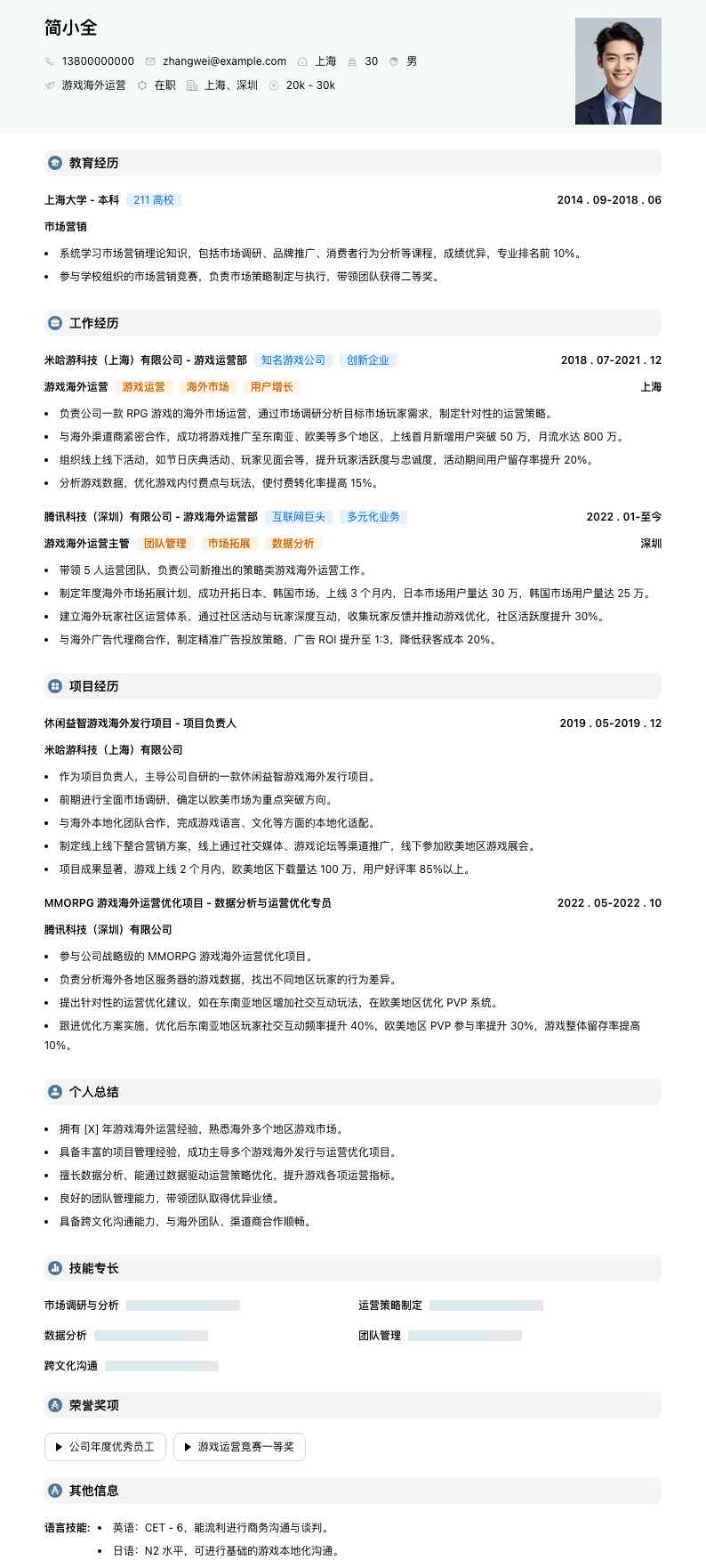 游戏海外运营简历模板