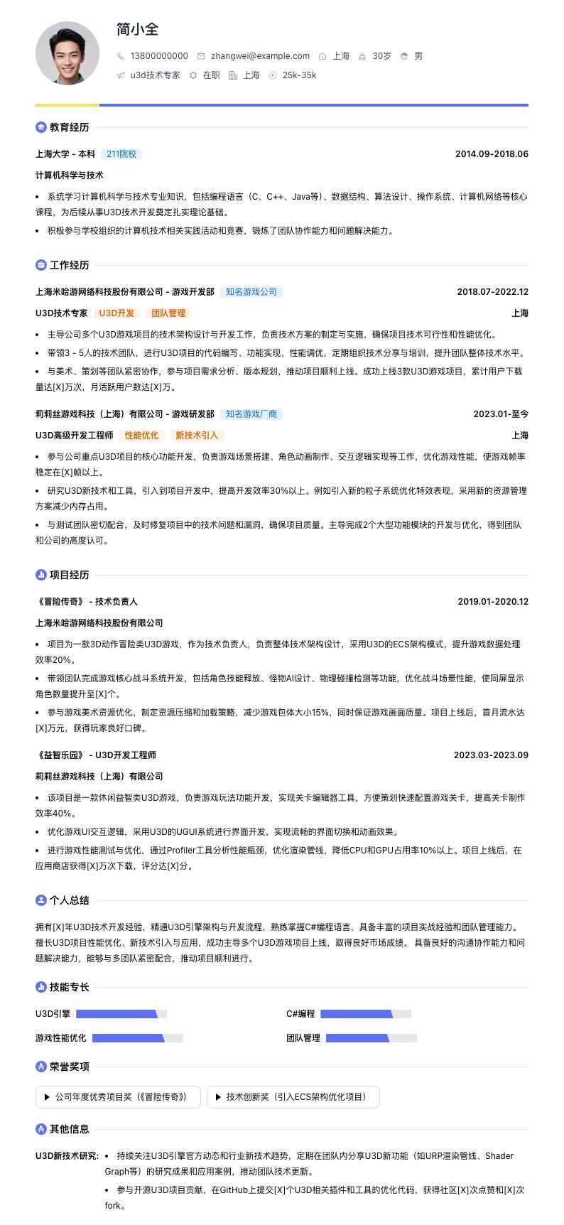u3d技术专家简历模板