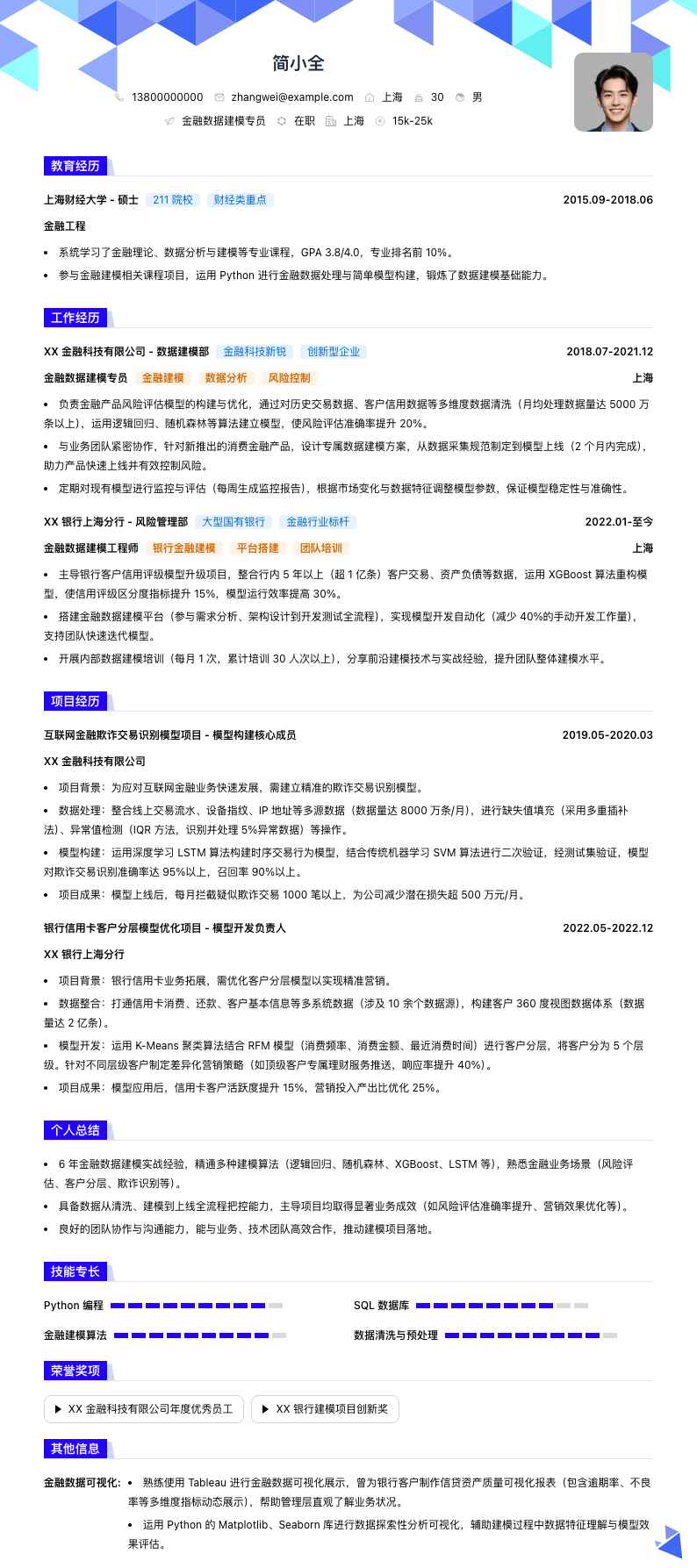 金融数据建模专员简历模板