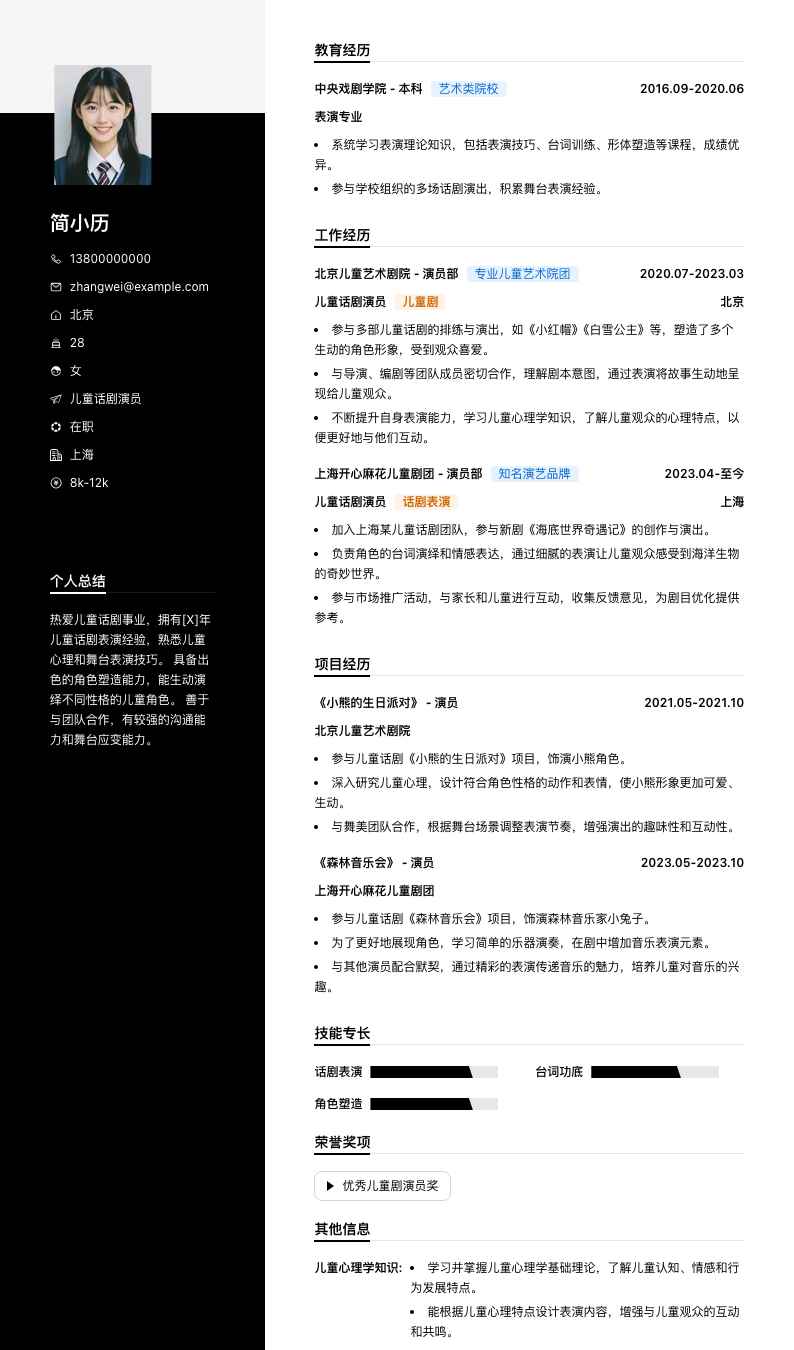 儿童话剧演员简历模板