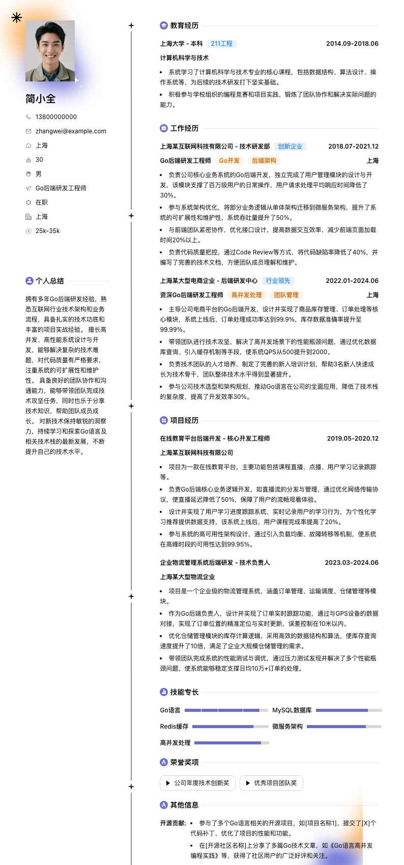 go后端研发工程师简历模板