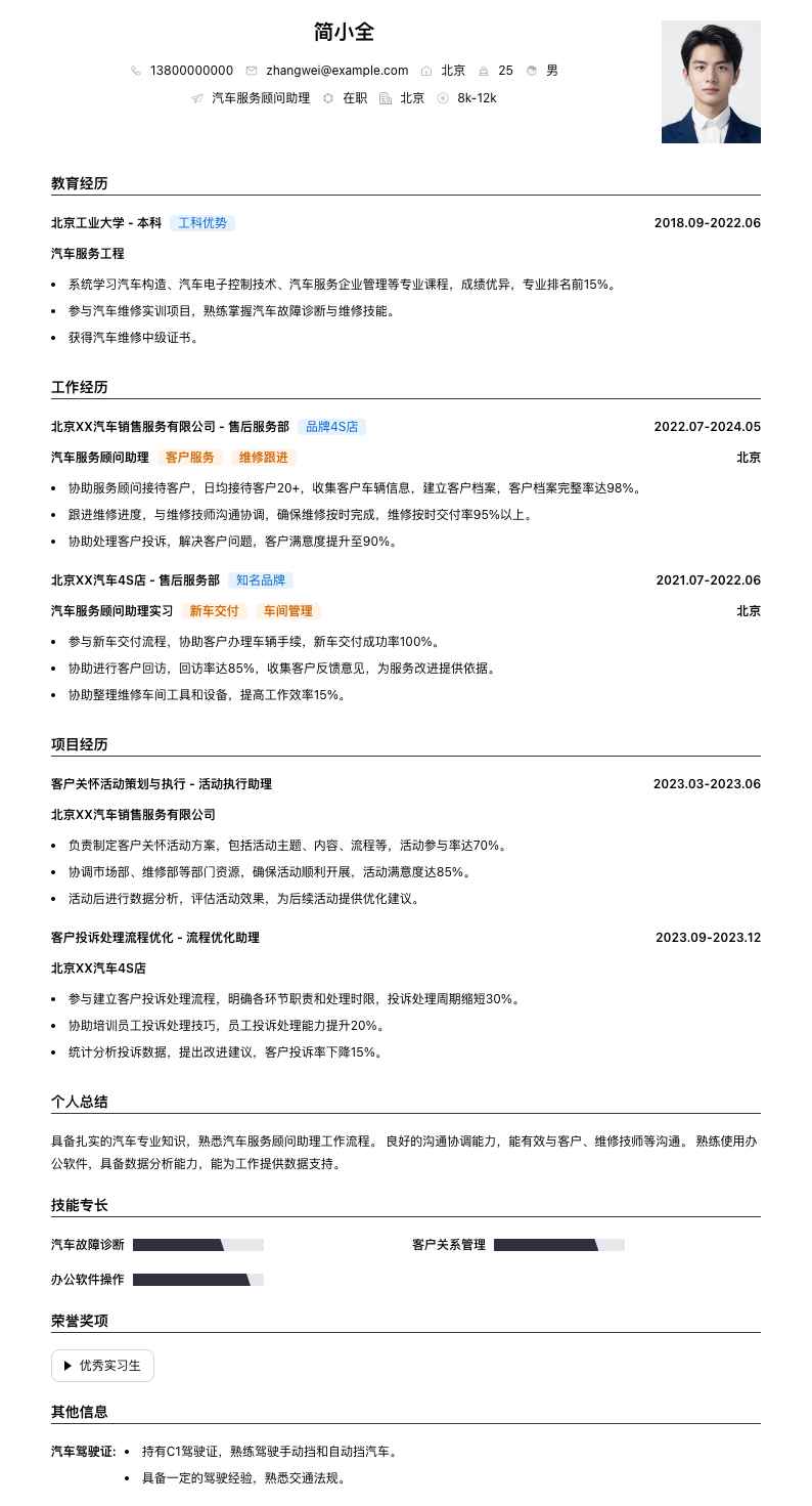 汽车服务顾问助理简历模板