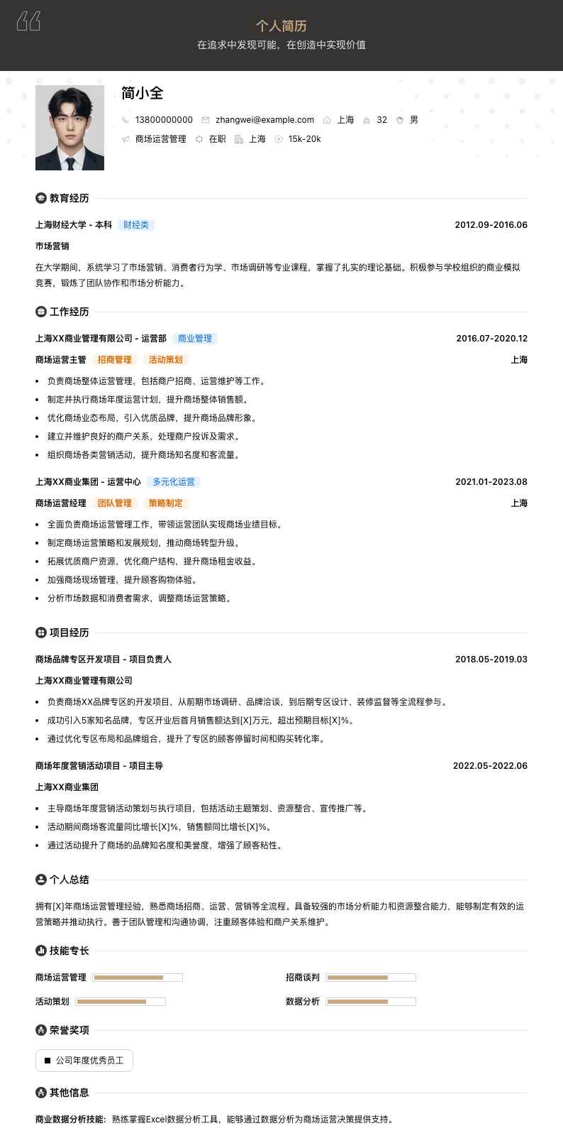 商场运营管理简历模板