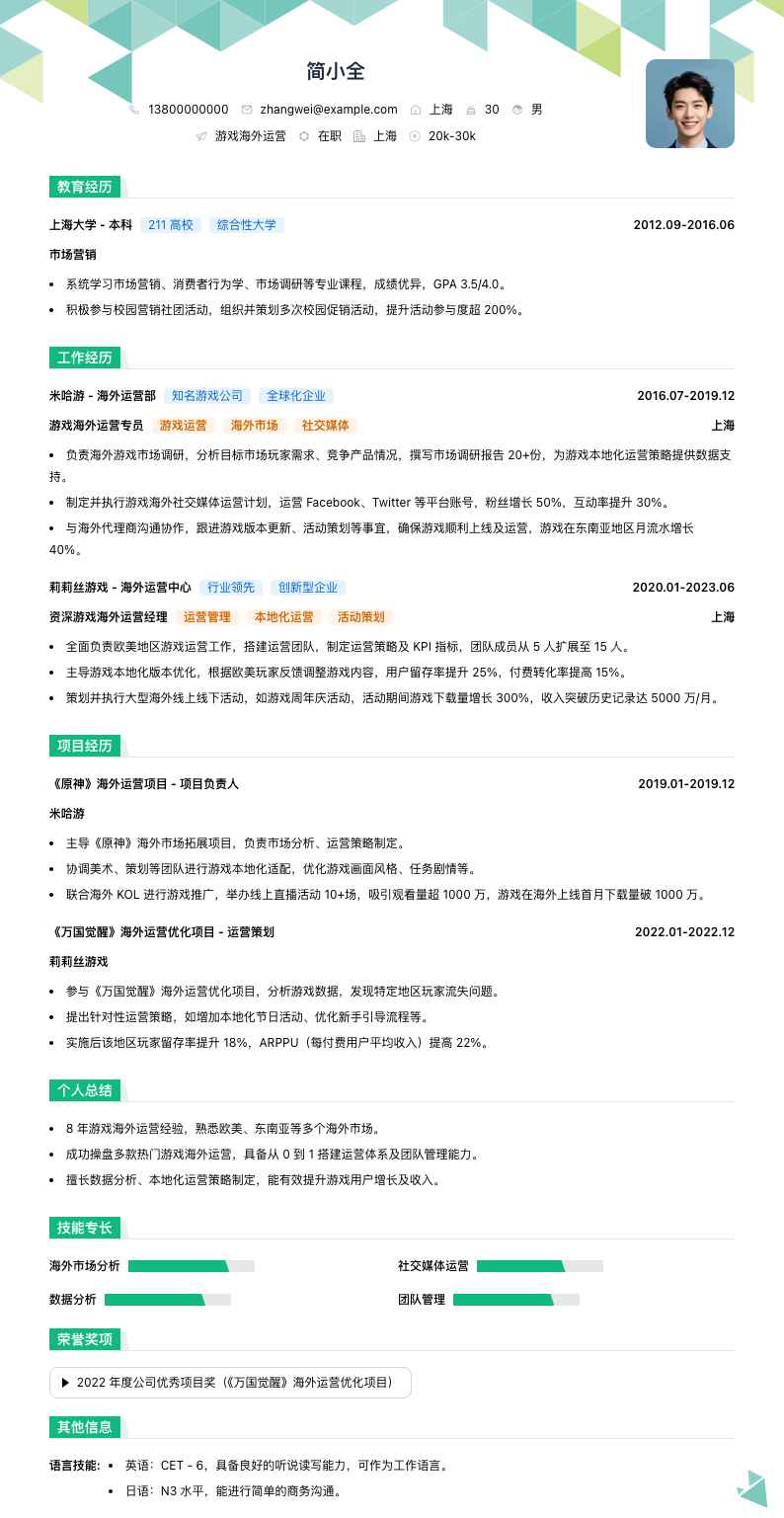 游戏海外运营简历模板