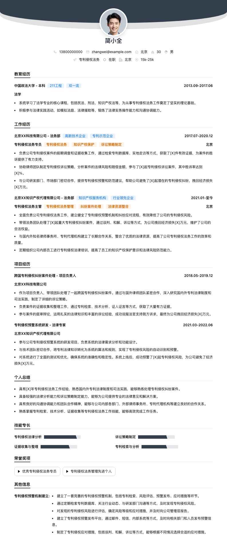 专利侵权法务简历模板