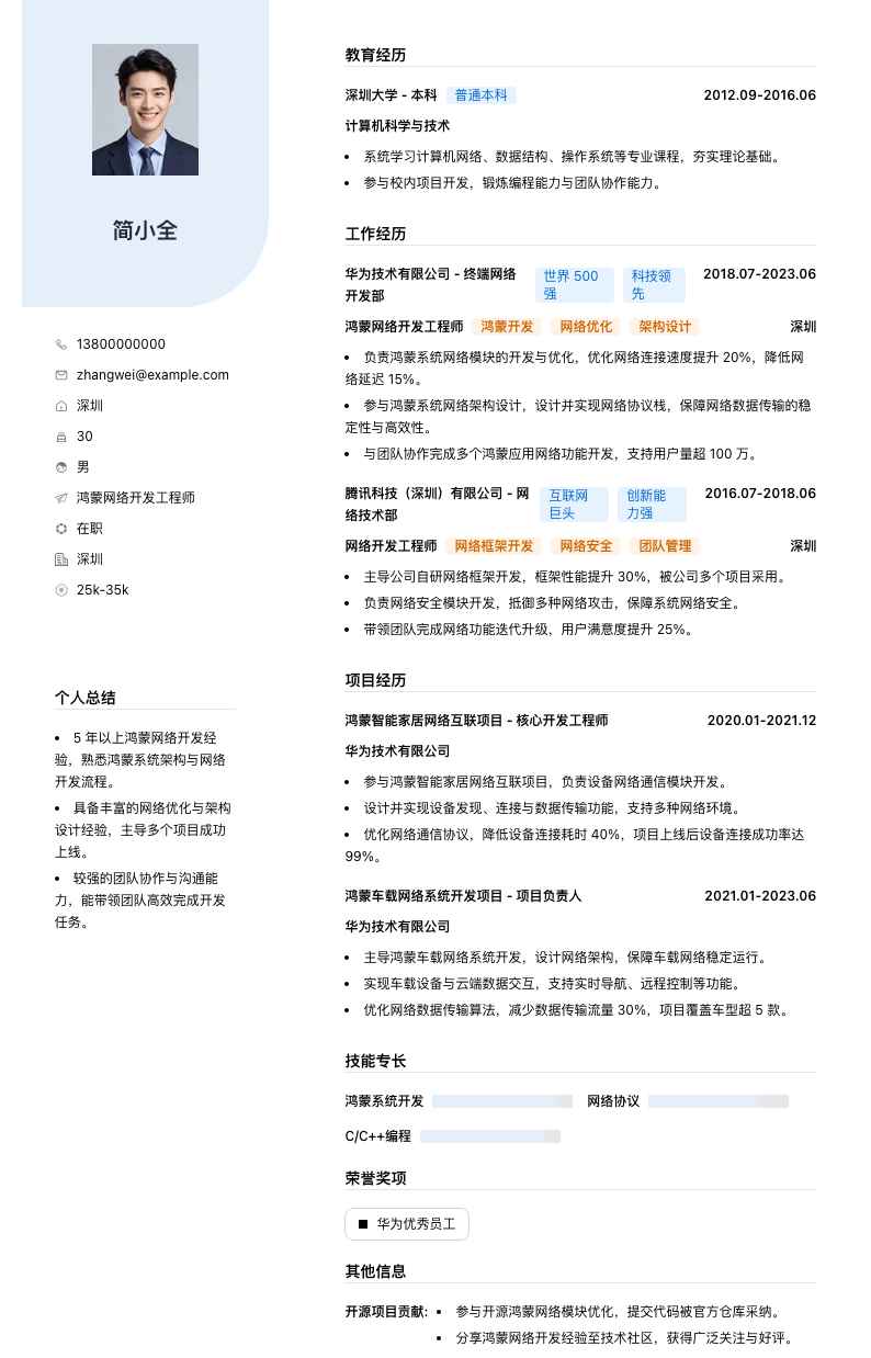 鸿蒙网络开发工程师简历模板