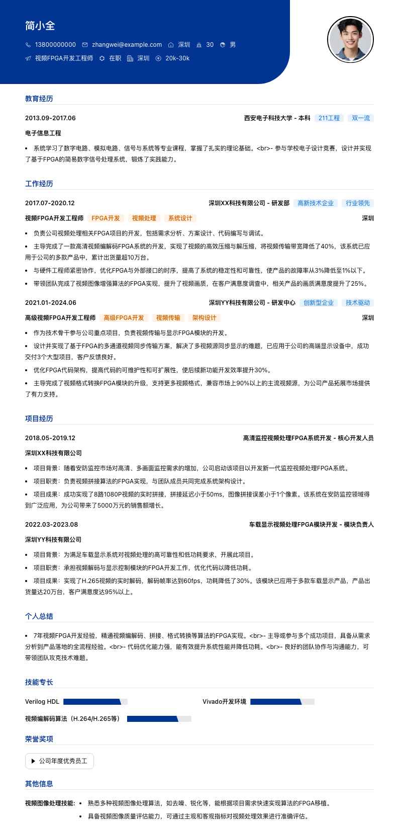 视频 FPGA 开发工程师简历模板