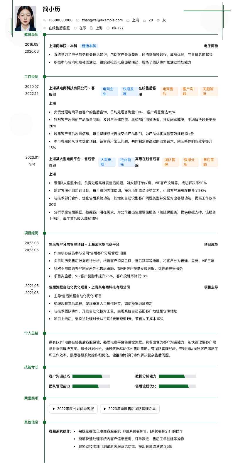 在线售后客服简历模板