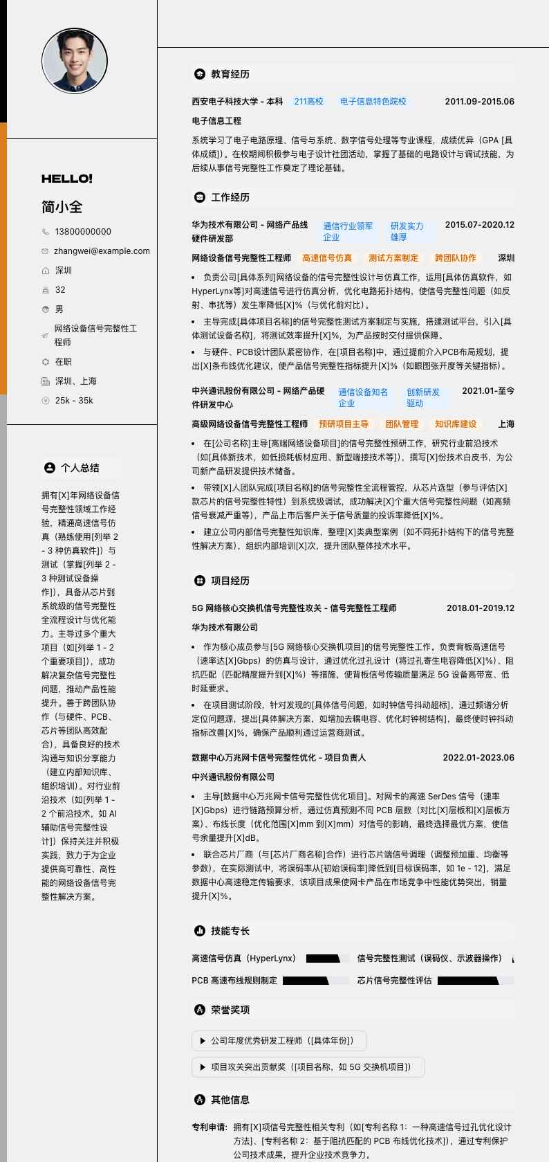 网络设备信号完整性工程师简历模板