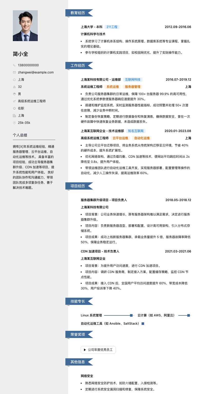 高级系统运维工程师简历模板