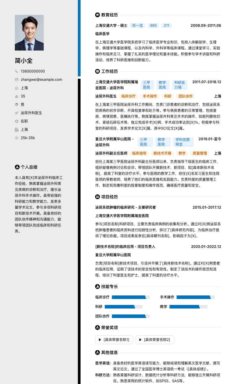 泌尿外科医生简历模板