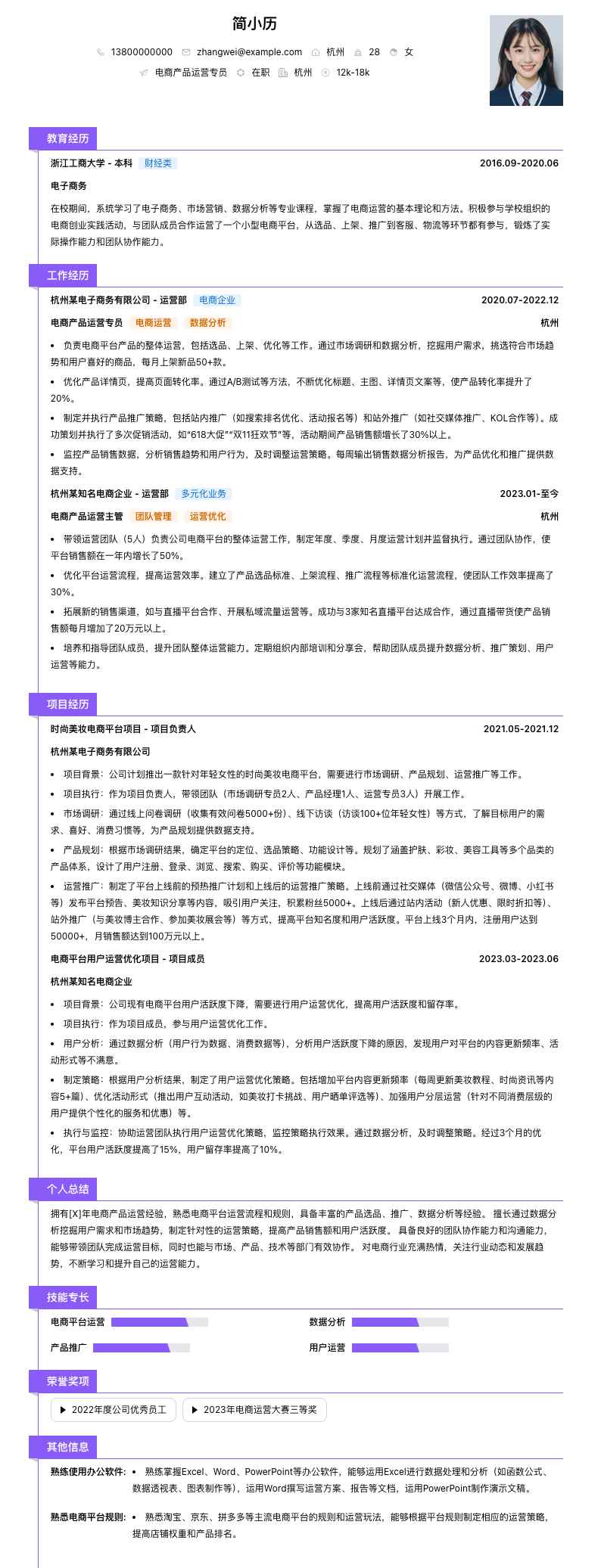 电商产品运营专员简历模板