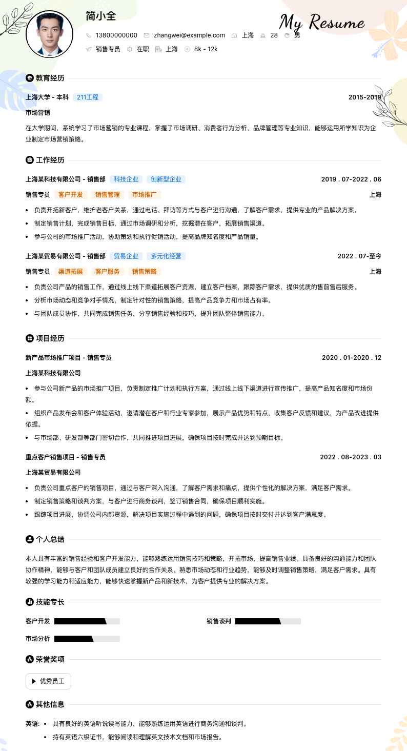 销售专员简历模板