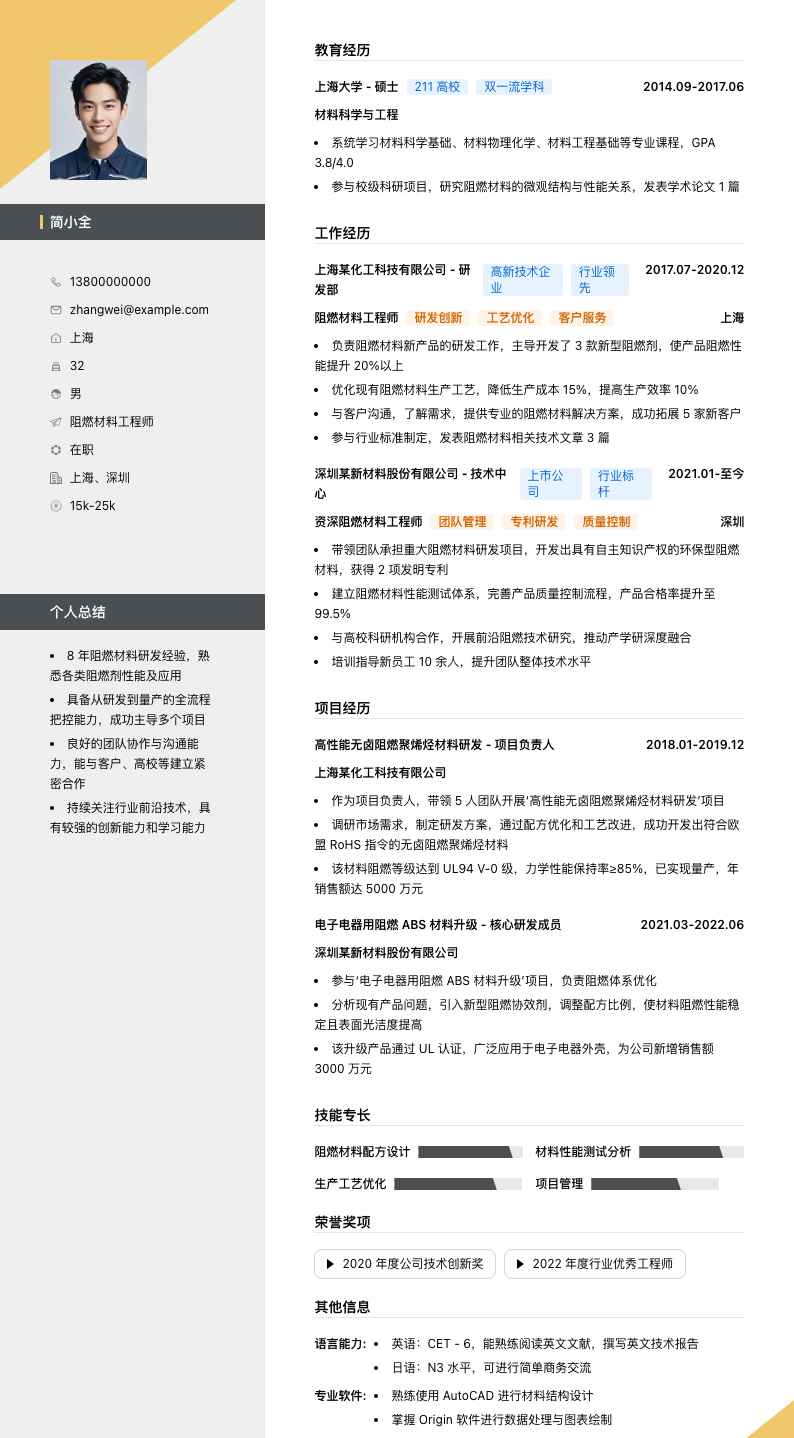 阻燃材料工程师简历模板