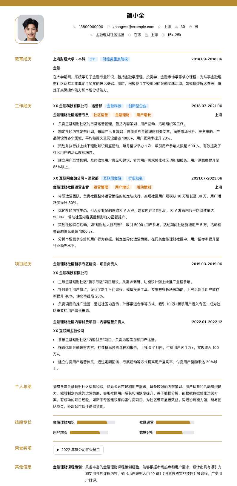 金融理财社区运营简历模板