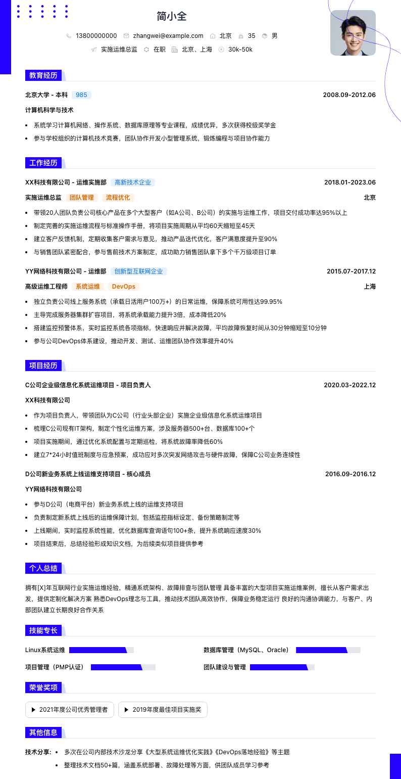 实施运维总监简历模板